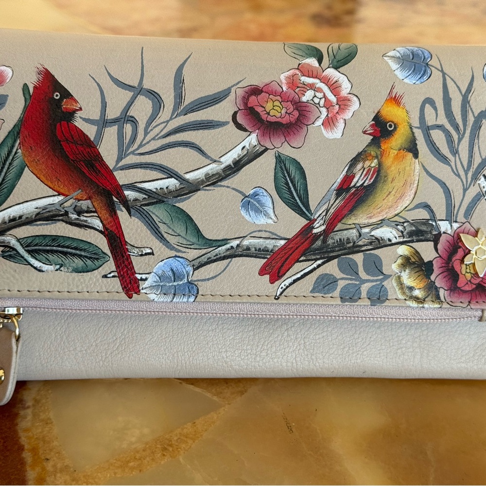 Anuschka Cardinal Family handpainted trifold woman’s wallet/clutch